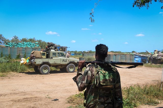ATMIS armored vehicle loaded and prepared to exit Bariire Forward Operating Base.