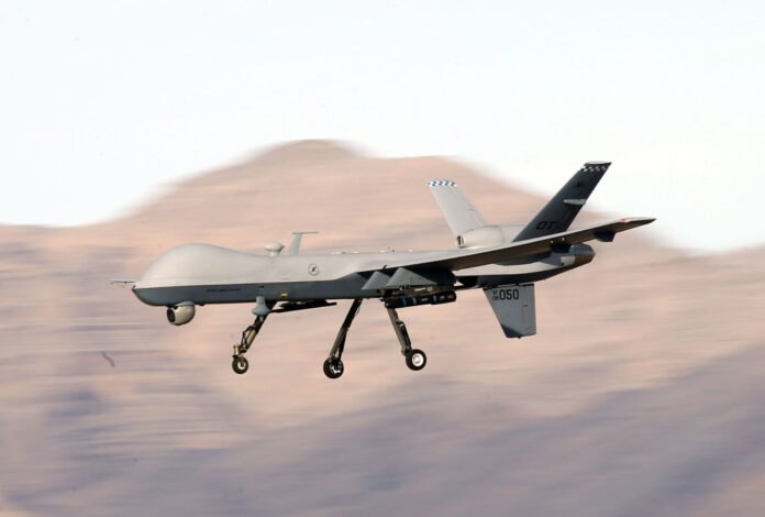 U.S. Air Force MQ-9 Reaper drone in flight during a training mission at Creech Air Force Base, Nevada.